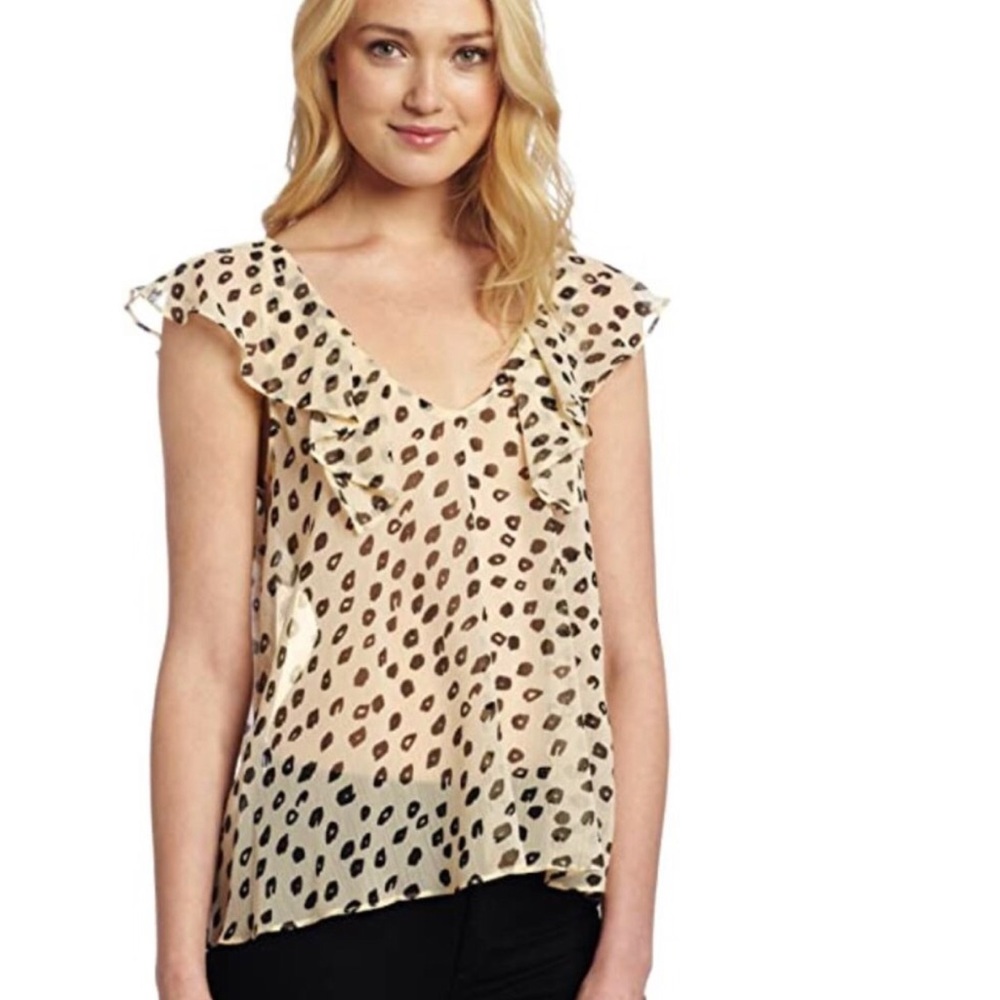 BCBGeneration Sheer Blouse Size Small Tan Top Ruffles Animal Print Polyester